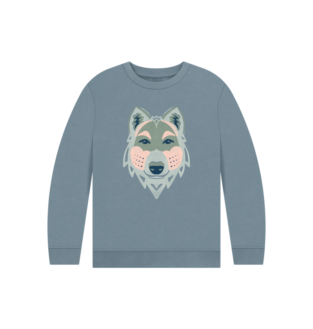 Stone Blue Organic Kid's Gray Wolf Crew