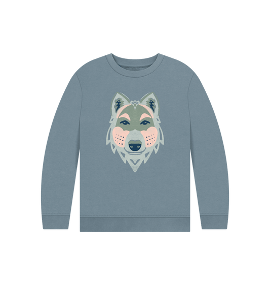 Stone Blue Organic Kid's Gray Wolf Crew